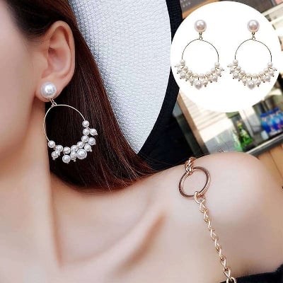 Picture of New Korean Version Of The Net Red Temperament Wild Explosion Models Pearl Ring Earrings Simple Temperament Pearl Earrings