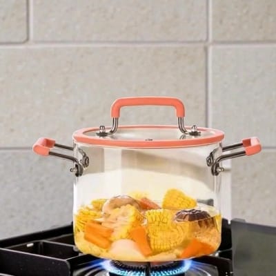 Picture of Heat-Proof Transparent Stockpot High Borosilicate Glass, Silicone Handles, Safe for Open Flames-pink