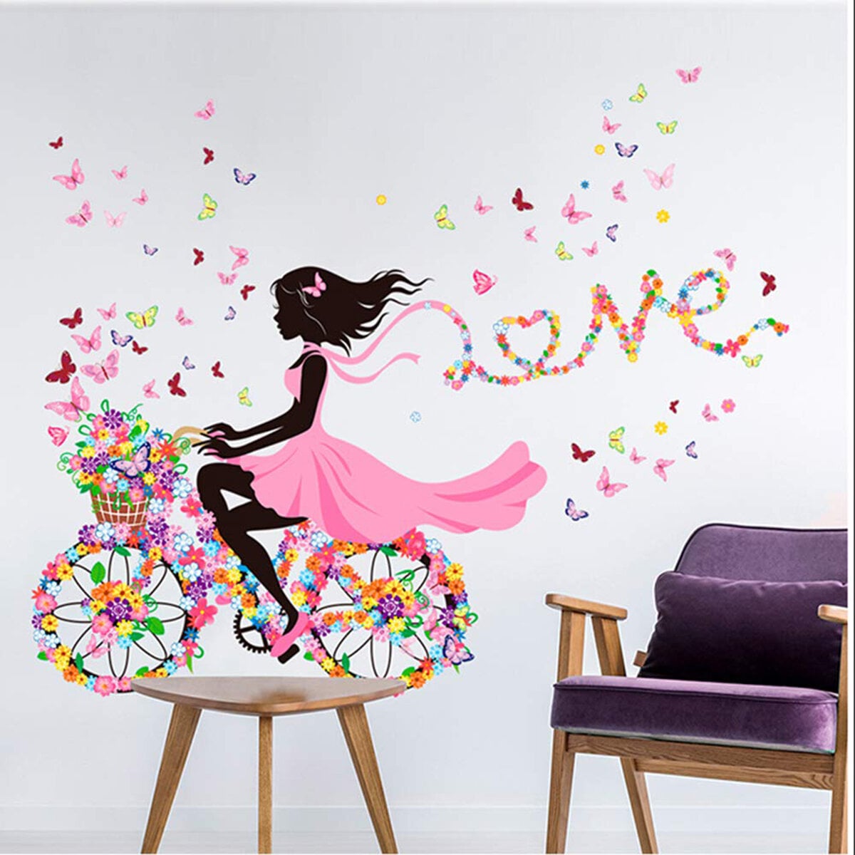 Picture of Girl Bicycle Butterfly Wall Decal, Girl Riding Bicycle With Butterfly Wall Sticker, Peel and Stick Removable Flower Fairy Wall Stickers