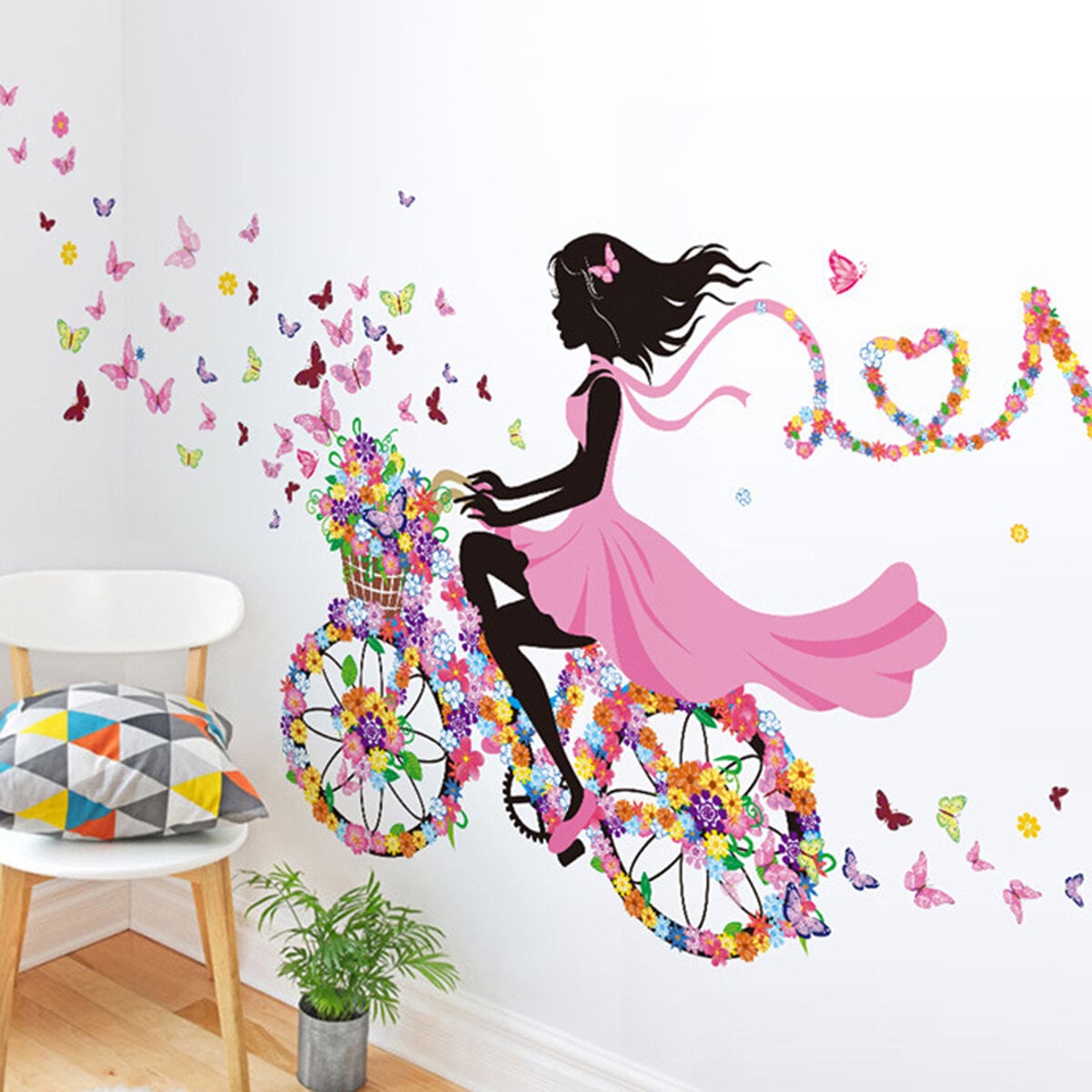 Picture of Girl Bicycle Butterfly Wall Decal, Girl Riding Bicycle With Butterfly Wall Sticker, Peel and Stick Removable Flower Fairy Wall Stickers