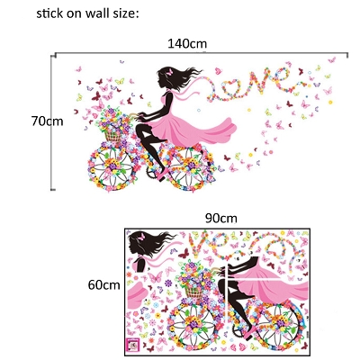 Picture of Girl Bicycle Butterfly Wall Decal, Girl Riding Bicycle With Butterfly Wall Sticker, Peel and Stick Removable Flower Fairy Wall Stickers