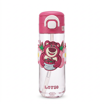 Picture of Strawberry Bear 600ml Children Double Drinking Cup with Straw Cute Plastic Mug for Boys Girls School Use Anti-fall Tritan Water Bottle Household Milk Coffee Juice Tea Drinkware Durable BPA Free-Multicolor
