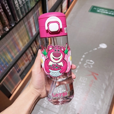 Picture of Strawberry Bear 600ml Children Double Drinking Cup with Straw Cute Plastic Mug for Boys Girls School Use Anti-fall Tritan Water Bottle Household Milk Coffee Juice Tea Drinkware Durable BPA Free-Multicolor