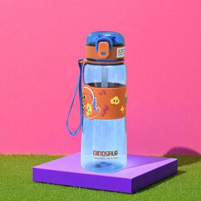 Picture of 600ml Summer Straw Water Cup Cute Cartoon Kids Students Portable Plastic Bottle with Handle Leakproof BPA Free Reusable Drinkware for Boys Girls School Office Outdoor Travel-Multicolor