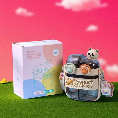 Picture of 500ml Kids Cartoon Panda Water Bottle with Straw | Cute Plastic Drinking Cup for Children | Durable Food Grade Material | Portable Double Drink Mug for School Travel Home Daily Use Grey