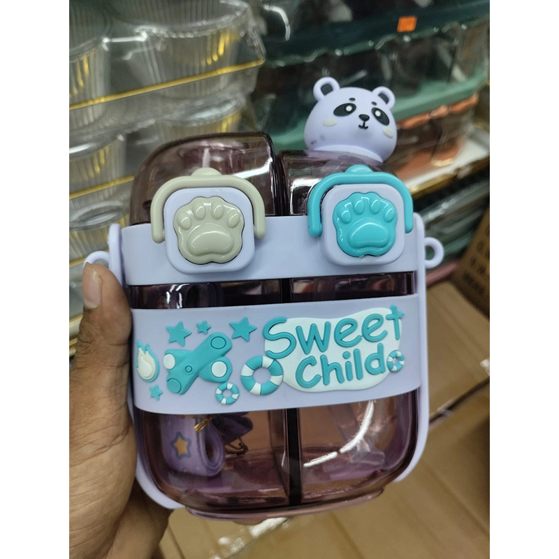 Picture of 500ml Kids Cartoon Panda Water Bottle with Straw | Cute Plastic Drinking Cup for Children | Durable Food Grade Material | Portable Double Drink Mug for School Travel Home Daily Use Grey