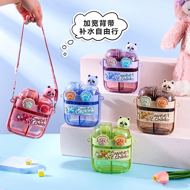 Picture of 500ml Kids Cartoon Panda Water Bottle with Straw | Cute Plastic Drinking Cup for Children | Durable Food Grade Material | Portable Double Drink Mug for School Travel Home Daily Use Grey