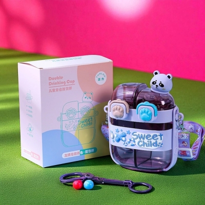 Picture of 500ml Kids Cartoon Panda Water Bottle with Straw | Cute Plastic Drinking Cup for Children | Durable Food Grade Material | Portable Double Drink Mug for School Travel Home Daily Use purple