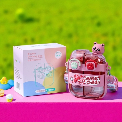 Picture of 500ml Kids Cartoon Panda Water Bottle with Straw | Cute Plastic Drinking Cup for Children | Durable Food Grade Material | Portable Double Drink Mug for School Travel Home Daily Use Pink
