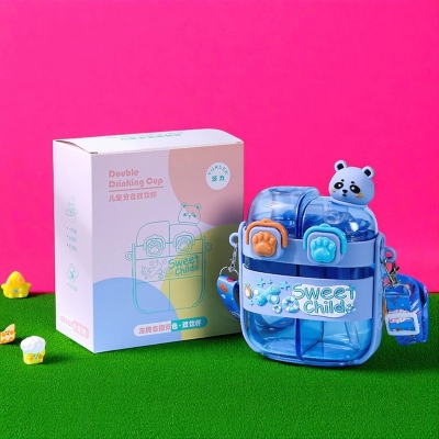Picture of 500ml Kids Cartoon Panda Water Bottle with Straw | Cute Plastic Drinking Cup for Children | Durable Food Grade Material | Portable Double Drink Mug for School Travel Home Daily Use Blue