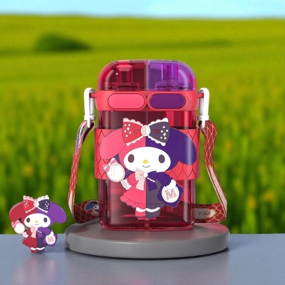 Picture of Sanrio Melody Kuromi Hello Kitty Double Drink Plastic Water Cup with Straw 640ml Large Capacity Kawaii Cartoon Square Bottle Kids Gift Leak Proof Food Grade Plastic Red Mug Household Drinkware-Red