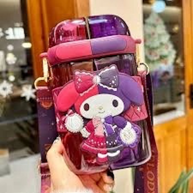 Picture of Sanrio Melody Kuromi Hello Kitty Double Drink Plastic Water Cup with Straw 640ml Large Capacity Kawaii Cartoon Square Bottle Kids Gift Leak Proof Food Grade Plastic Red Mug Household Drinkware-Red