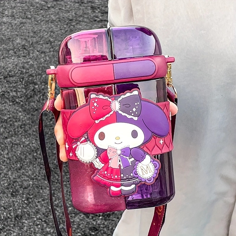 Picture of Sanrio Melody Kuromi Hello Kitty Double Drink Plastic Water Cup with Straw 640ml Large Capacity Kawaii Cartoon Square Bottle Kids Gift Leak Proof Food Grade Plastic Red Mug Household Drinkware-Red