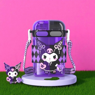 Picture of Hello Kitty Double Drink Plastic Water Cup Large 680ml Cartoon Square Straw Cup for Kids Cute Kawaii Style Durable Food Grade Material Portable Travel Water Bottle Birthday Gift Random Color-Purple