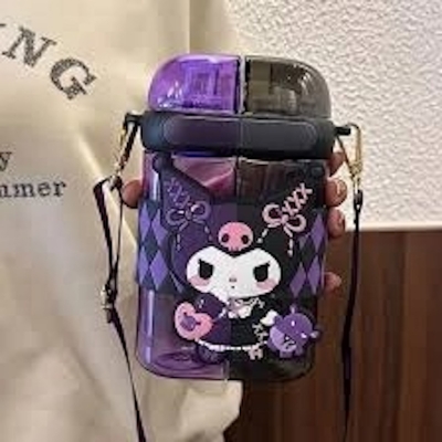 Picture of Hello Kitty Double Drink Plastic Water Cup Large 680ml Cartoon Square Straw Cup for Kids Cute Kawaii Style Durable Food Grade Material Portable Travel Water Bottle Birthday Gift Random Color-Purple