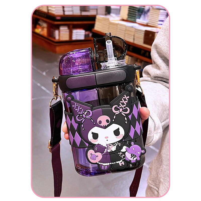 Picture of Hello Kitty Double Drink Plastic Water Cup Large 680ml Cartoon Square Straw Cup for Kids Cute Kawaii Style Durable Food Grade Material Portable Travel Water Bottle Birthday Gift Random Color-Purple