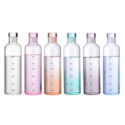 Picture of Transparent Glass Bottle with Cover – 500ml Large Capacity – Time Marker for Daily Hydration – Leakproof Silicone Stopper – Perfect for Office, Gym, Home, Travel – Use for Juice or Tea-Multicolor