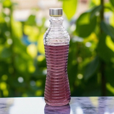 Picture of Stylish Transparent Water Bottle – Glass 1L Capacity – Twisted Design – Silver Toned Round Cap – Great for Gifting, Daily Use or Kitchen – Easy to Wash and Reuse-Multicolor