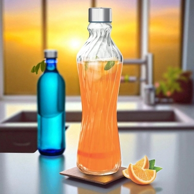 Picture of 1 Liter Glass Water Bottle – Transparent & Silver Twisted Design – Round Cap – Ideal for Drinking Water, Reusable & Stylish – Great for Fridge Storage, Table Serving & Office Use-Multicolor