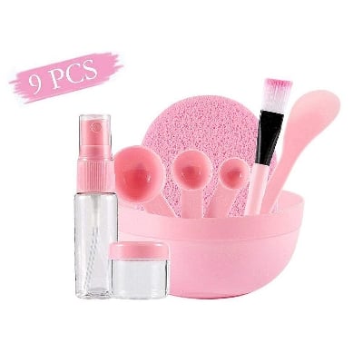 Picture of Retailcare Diy Facemask Mixing Tool Kit With Big Volume  Bowl Spatula Brush Spray Bottle Puff Soaking Bottle Gauges Pack Of 9 Pink - Black Head Remover