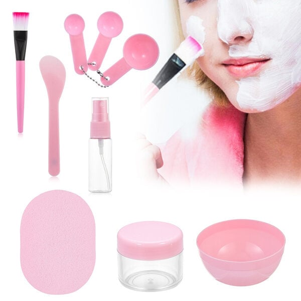 Picture of Retailcare Diy Facemask Mixing Tool Kit With Big Volume  Bowl Spatula Brush Spray Bottle Puff Soaking Bottle Gauges Pack Of 9 Pink - Black Head Remover
