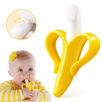 Picture of Baby Toothbrush and Banana Teether,Soothing Pain Relief Soft Baby Teething Toy,Silicone Training Finger Toothbrush for Babies,Toddlers,Infants,Natural Organic BPA Free