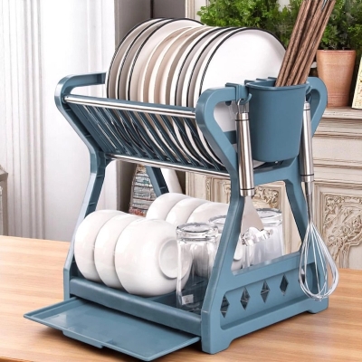 Picture of Blue Plastic 2 Tier Dish Drainer Rack Set with Drainboard and Utensil Holder – Ideal Kitchen Counter Organizer with 10 Plate, 6 Bowl, 6 Glass, and Spoon Storage Hooks.-Blue