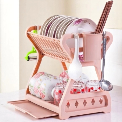 Picture of 2‑Tier Plastic Dish Drainer Rack – Pink-Pink