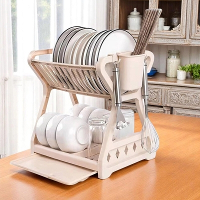Picture of Beige 2-Tier Kitchen Dish Drying Rack – Plastic Dish Strainer with Drainboard, Utensil Holder, Cup & Plate Organizer – Compact Countertop Storage Solution for Modern Kitchens-Off White