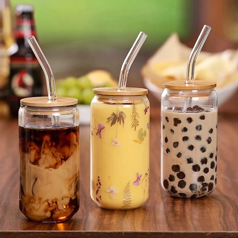 Picture of Glass Tumbler with Bamboo Lid & Glass Straw – 1 Pc Borosilicate Can Shaped Drinking Cup – Microwave Safe, Scratch Resistant – Ideal for Coffee, , Juice & More-Clear