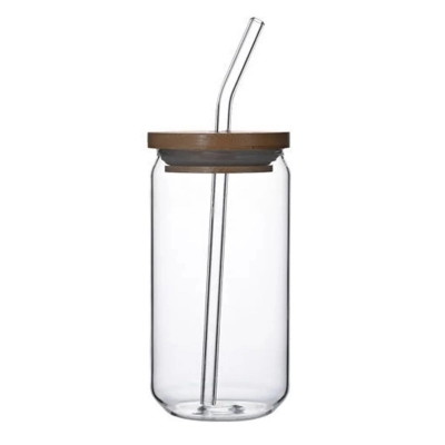 Picture of Glass Tumbler with Bamboo Lid & Glass Straw – 1 Pc Borosilicate Can Shaped Drinking Cup – Microwave Safe, Scratch Resistant – Ideal for Coffee, , Juice & More-Clear
