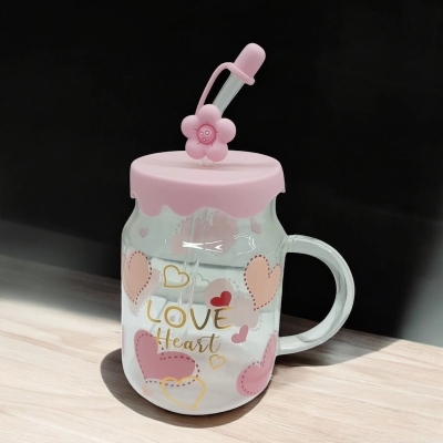 Picture of Premium Borosilicate Glass Jar with Handle | 400ml Juice Mug | Multi-Color Printed Body | Glass Straw & Silicone Cap | Microwave Safe & Stylish-Pink