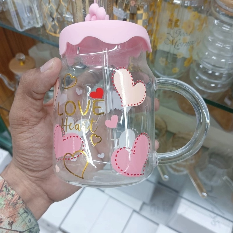 Picture of Premium Borosilicate Glass Jar with Handle | 400ml Juice Mug | Multi-Color Printed Body | Glass Straw & Silicone Cap | Microwave Safe & Stylish-Pink