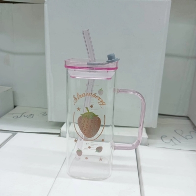 Picture of High-Quality Glass Sipper Tumbler – 400ml Borosilicate Glass Cup with Acrylic/Wooden Lid & Multi-Color Straw – Microwave Safe, Scratch Resistant & Reusable – Pack of 1-Pink