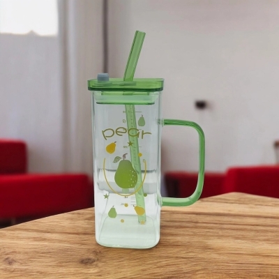 Picture of Reusable Glass Sipper Tumbler – 400ml Stylish Borosilicate Glass Cup with Multi-Color Straw & Lid – Lightweight, Durable, & Microwave Safe – Perfect for Daily Hydration-Green