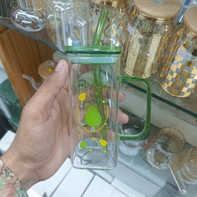 Picture of Reusable Glass Sipper Tumbler – 400ml Stylish Borosilicate Glass Cup with Multi-Color Straw & Lid – Lightweight, Durable, & Microwave Safe – Perfect for Daily Hydration-Green