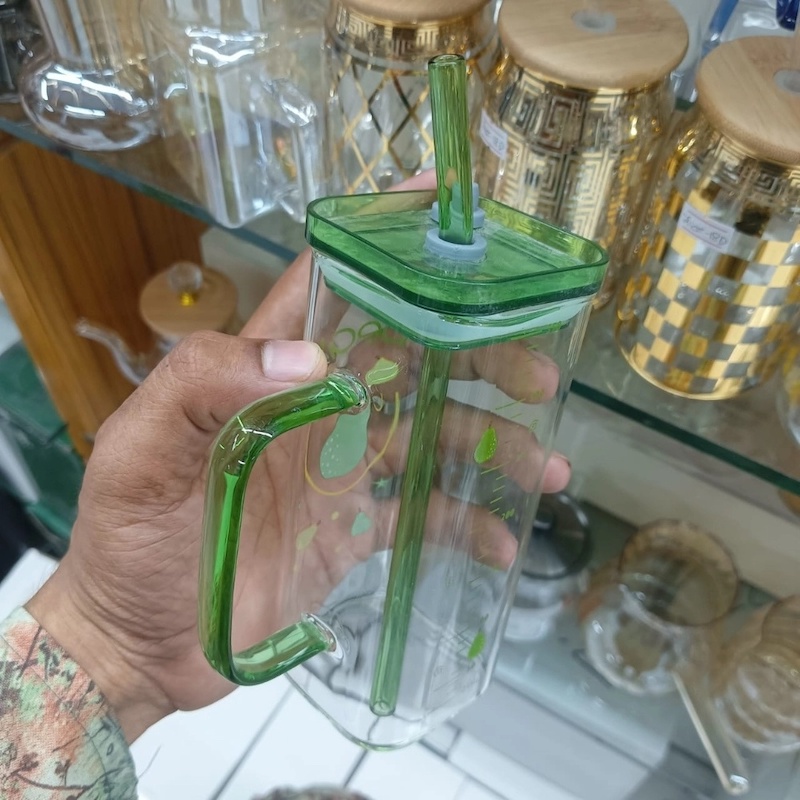 Picture of Reusable Glass Sipper Tumbler – 400ml Stylish Borosilicate Glass Cup with Multi-Color Straw & Lid – Lightweight, Durable, & Microwave Safe – Perfect for Daily Hydration-Green