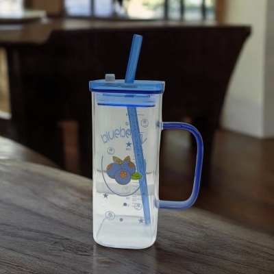 Picture of Glass Sipper Tumbler Mug with Acrylic/Wooden Lid & Multi-Color Straw – 400ml Borosilicate Glass Cup – Microwave Safe, Scratch Resistant & Lightweight – Ideal for Home, Office, and Outdoor Use-Blue