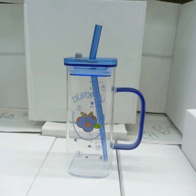 Picture of Glass Sipper Tumbler Mug with Acrylic/Wooden Lid & Multi-Color Straw – 400ml Borosilicate Glass Cup – Microwave Safe, Scratch Resistant & Lightweight – Ideal for Home, Office, and Outdoor Use-Blue