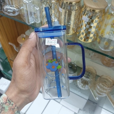 Picture of Glass Sipper Tumbler Mug with Acrylic/Wooden Lid & Multi-Color Straw – 400ml Borosilicate Glass Cup – Microwave Safe, Scratch Resistant & Lightweight – Ideal for Home, Office, and Outdoor Use-Blue