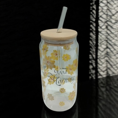 Picture of Reusable Printed Glass Tumbler – 1Pc 400ml Borosilicate Can Shaped Glass with Bamboo Lid & Glass Straw – Lightweight, Scratch Resistant & Microwave Safe – Perfect for Coffee, Juice & More-Multicolor