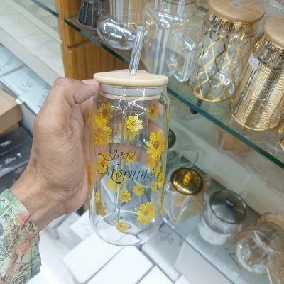 Picture of Reusable Printed Glass Tumbler – 1Pc 400ml Borosilicate Can Shaped Glass with Bamboo Lid & Glass Straw – Lightweight, Scratch Resistant & Microwave Safe – Perfect for Coffee, Juice & More-Multicolor