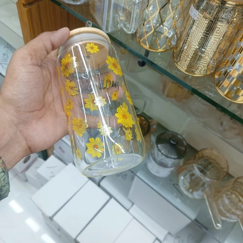 Picture of Reusable Printed Glass Tumbler – 1Pc 400ml Borosilicate Can Shaped Glass with Bamboo Lid & Glass Straw – Lightweight, Scratch Resistant & Microwave Safe – Perfect for Coffee, Juice & More-Multicolor