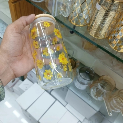 Picture of Reusable Printed Glass Tumbler – 1Pc 400ml Borosilicate Can Shaped Glass with Bamboo Lid & Glass Straw – Lightweight, Scratch Resistant & Microwave Safe – Perfect for Coffee, Juice & More-Multicolor
