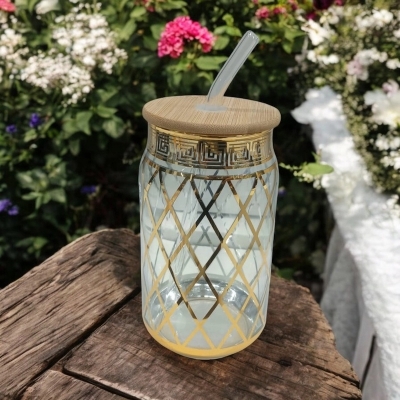 Picture of Durable Printed Glass Tumbler – 1Pc 400ml Can Shaped Borosilicate Glass with Bamboo Lid & Glass Straw – Microwave Safe, Scratch Resistant & Lightweight – Ideal for Home & Office-Golden