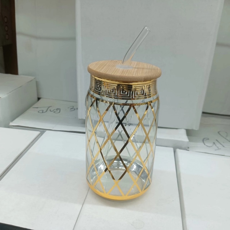 Picture of Durable Printed Glass Tumbler – 1Pc 400ml Can Shaped Borosilicate Glass with Bamboo Lid & Glass Straw – Microwave Safe, Scratch Resistant & Lightweight – Ideal for Home & Office-Golden
