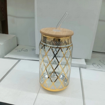 Picture of Durable Printed Glass Tumbler – 1Pc 400ml Can Shaped Borosilicate Glass with Bamboo Lid & Glass Straw – Microwave Safe, Scratch Resistant & Lightweight – Ideal for Home & Office-Golden