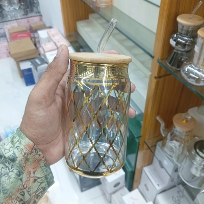 Picture of Durable Printed Glass Tumbler – 1Pc 400ml Can Shaped Borosilicate Glass with Bamboo Lid & Glass Straw – Microwave Safe, Scratch Resistant & Lightweight – Ideal for Home & Office-Golden