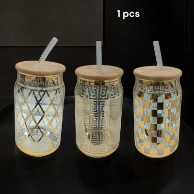 Picture of Elegant Printed Glass Tumbler – 1Pc 400ml Can Shaped Borosilicate Glass with Bamboo Lid & Glass Straw – Stylish, Scratch Resistant & Microwave Safe-Yellow