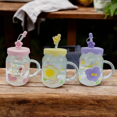 Picture of 400ml Multi-Color Printed Borosilicate Glass Juice Mug | Stylish Jar with Handle | Glass Straw & Silicone Cap | Lightweight & Sturdy-Purple